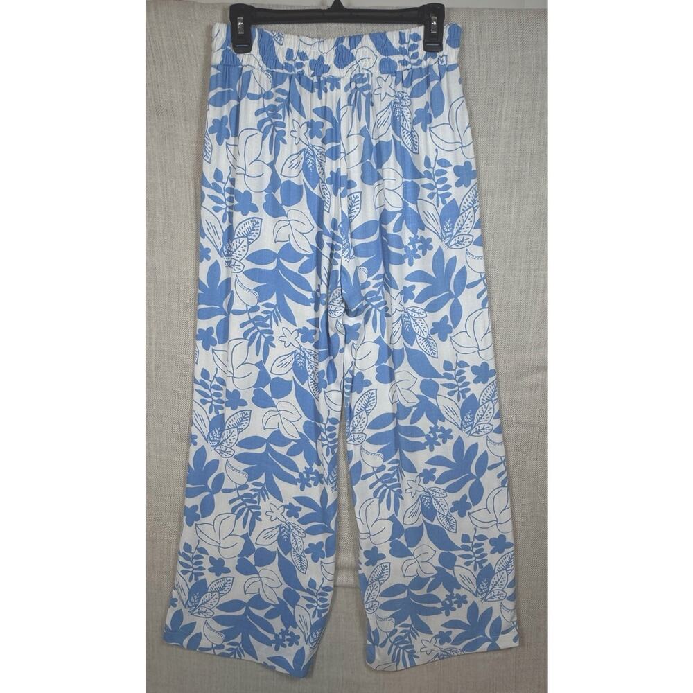 Wide Leg Linen Rayon Women’s Size Lg High Rise Pull-onResort Vacation Blue White